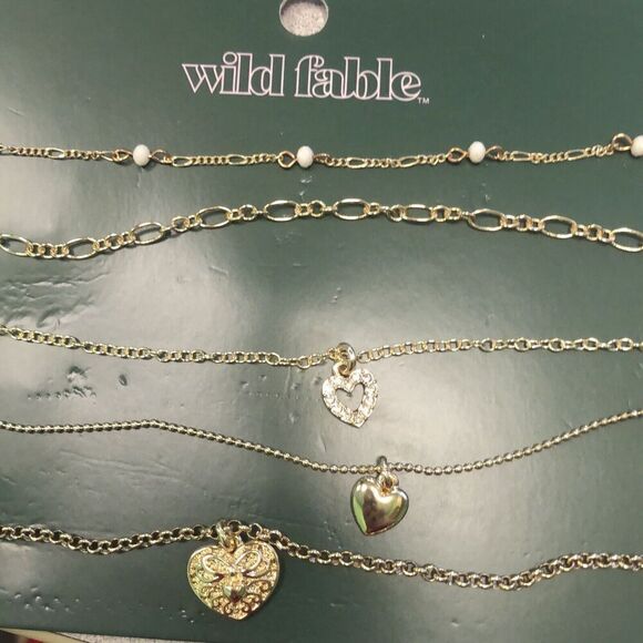 wild fable Jewelry - Wild Fable Set of 5 Delicate Gold Tone Necklaces Heart Charm Crystal Pearls New